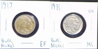 2 Buffalo Nickels 1917, 1935 EF-MS.