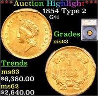 1854 Type 2 Gold Dollar $1 Graded ms63 By SEGS