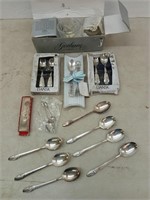 Asst silver plate spoons, baby flatware sets,