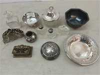 Asst silver plate, glass, brass items