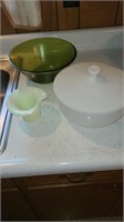 Green glass bowl, Uranium glass pc, casserole dish