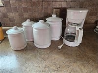 White Cannister Set & Coffee Pot