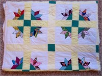Handmade Quilt with Floral Pattern and Yellow Grid