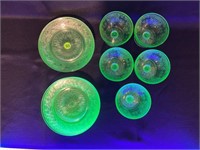 SET OF 12 URANIUM GLASS BREAD & BUTTER 6" DISHES &
