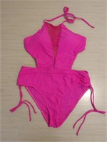 Hot Pink One Piece Swimsuit with Mesh Deep V