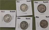 5 1950 Washington Silver Quarters