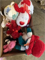 Box of stuffed animals and  3 porcelain dolls