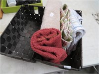 Two Woven Baskets & Kitchen Towels