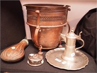 Copper powder horn, copper 8" high vase, pewter