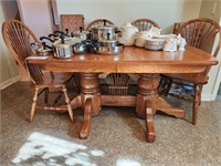 Oak Dining Table, Leaves, (4) Chairs