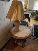 Round table w/marble top, lamp & barn picture