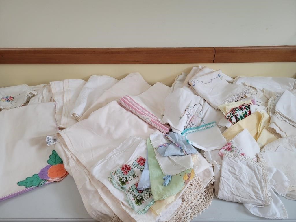 Vintage linens- hankies, tablecloths, bed linens