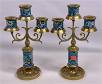 Pr. Brass candlesticks, 3 light, china accents,