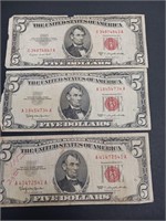 3X 5 DOLLAR RED silver certificates