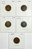 (5) Indian Head Cent Lot 1873,1890,1891,1893,1894