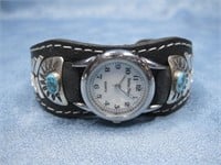 Navajo New Made Sterling Leather Watch Signed Work