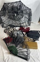 Lot of purses,gloves, hand fan & umbrella