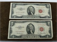 Pair of 1953 Red Seal $2 US paper money currency
