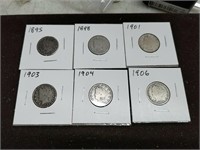 Collection of 6 Liberty V Nickel coins 1895-1906