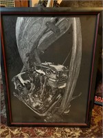 Framed Harley Davidson Engine Painting