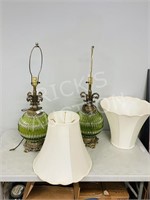 pair of vintage green glass table lamps