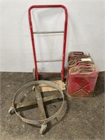 (3) METAL GAS CANS, METAL DOLLY