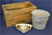 Vintage Wood Crate, Porcelain Strainer & Bucket