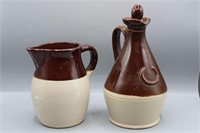 Vtg. 2-Tone Brown Stonewear Pitcher & Decanter