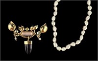 (2pc) 14K Gold Pendant & 16" Pearl Necklace