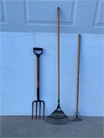 Potatoe Fork. Leaf Rake. Mop handle