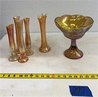 Carnival glass ! 9-10” vases, compote