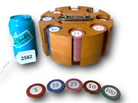 VTG Clay Poker Chips & Art Deco Wood Swivel Caddy
