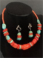 Turquoise & Coral Beaded Choker & Earrings