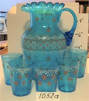VINTAGE WATER PITCHER, 5 GLASSES, Hand Painted