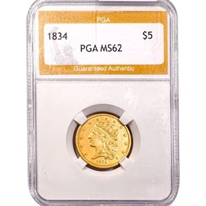 1834 $5 Gold Half Eagle PGA MS62