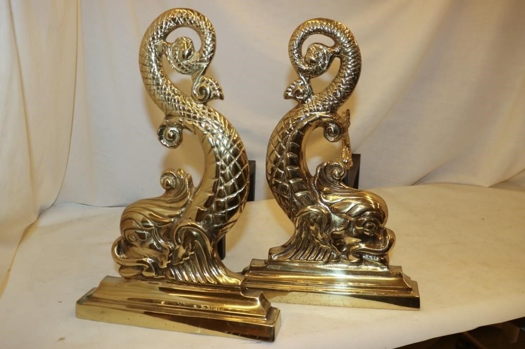 Virginia Metalcrafters Brass Dolphin Andirons