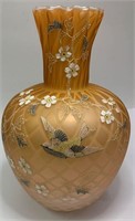 Enameled Peach Satin Glass Diamond Optic Vase