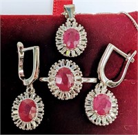 $700 Silver 9.98G Ruby Ring Earring And Necklace S