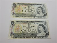 2 Canada 1973 one dollar bills