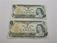 2 Canada 1973 one dollar bills