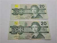 2 Canada 1991 twenty dollar bills
