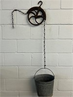 Vintage galvanized bucket and pulley