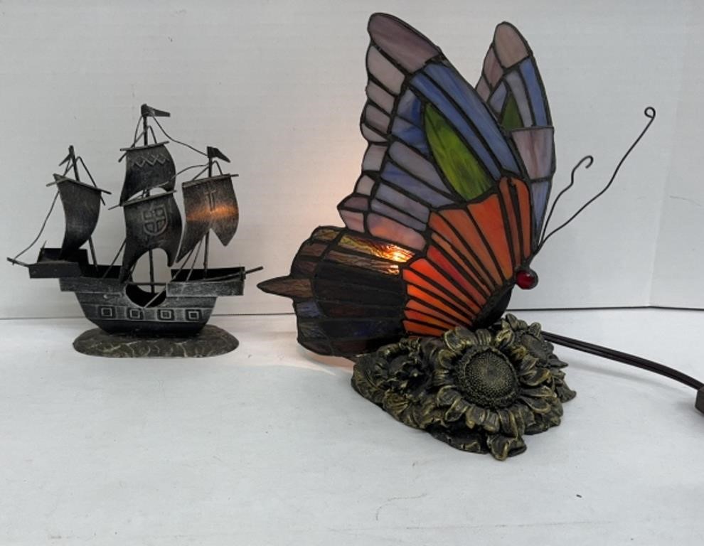 ART GLASS STYLE BUTTERFLY LAMP & METAL SHIP
