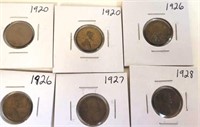 2-1920, 2-1926, 1927, 1928 Lincoln Wheat Pennies