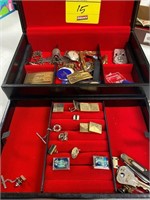 JEWELRY BOX W/ AWARD MEDALS, MEN'S TIE TACKS &