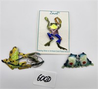3 Sterling Zarah Frog Brooches 1 as is