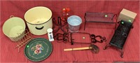 Tote of metal items including serving tray,