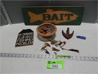 Wooden bowl with fishing lures; fishing signs; fol