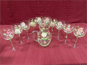 Hand Painted Floral Pitcher and 11 wine glasses,