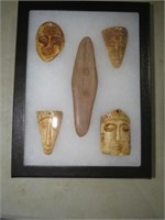 (4) BONE FACE CARVINGS & A TWO-HOLE GORGET